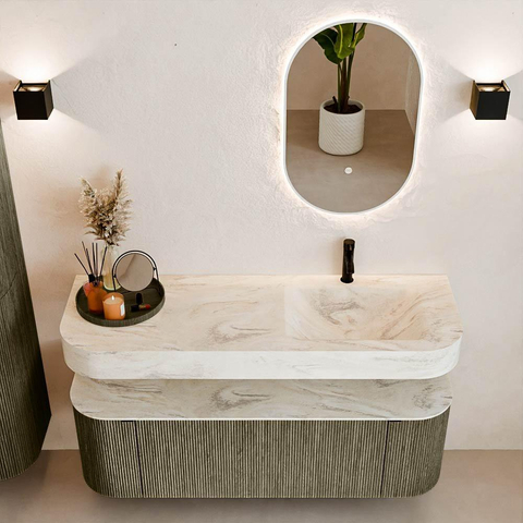 MONDIAZ THOR-DLUX 140cm meuble de salle de bains arrondi gauche + droite couleur Shadow avec 1 tiroir et 2 portes. Vasque suspendue CLOUD Droite 1 trou de robinet couleur Ostra. SW1464477