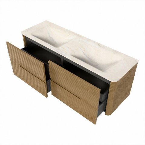 Mondiaz CIRO-DLUX Ensemble de meuble de salle de bains - 140x45x50cm - Plan-vasque solid surface Ostra - 2 vasques double - sans trous de robinet - 4 tiroirs - Chêne SW1530937