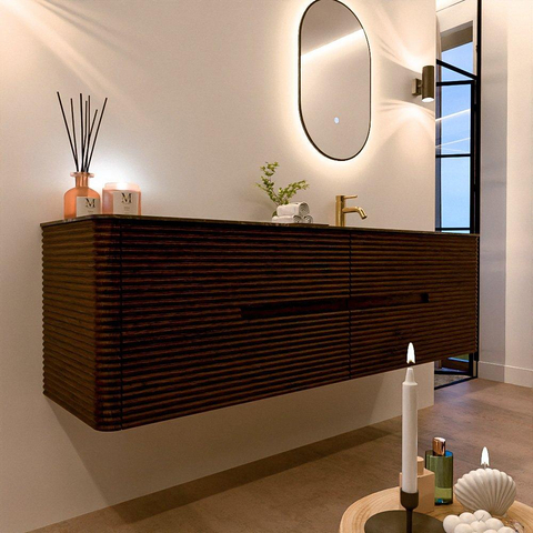 Mondiaz CIRO-DLUX Badkamermeubelset - 170x45x50cm - Solid surface wastafel Lava - 1 wasbak Rechts - 1 kraangat - 4 lades - Walnut SW1530158