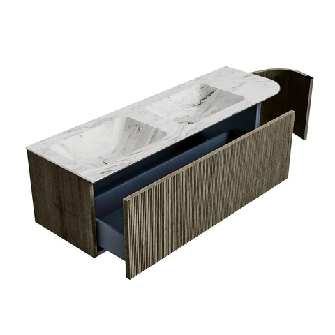 Mondiaz KURVE-DLUX Badkamermeubelset - 145x46x40cm - 1 lade - 1 deur - wastafel solid surface - dubbel / links - 2 kraangaten - Shadow SW1414608