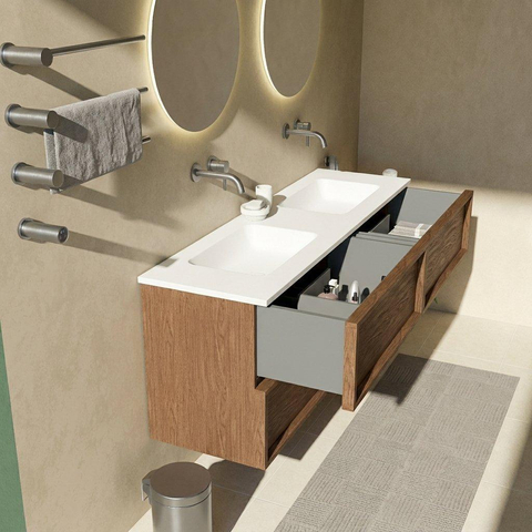 Saniclass Holz Frame Badkamermeubelset - 160x45x77.5cm - Torino solid surface wastafel wit - zonder kraangat - 4 lades - mat walnut pure (hout) SW1579929