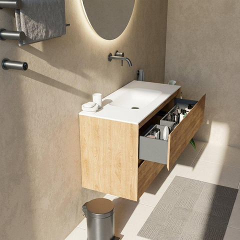 Saniclass Holz Pure Badkamermeubelset - 100x45x61.5cm - Flow solid surface wastafel wit - 1 wasbak - zonder kraangat - 2 lades - mat eiken natural (hout) SW1478396