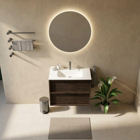 Saniclass Holz Frame Badkamermeubelset - 80x45x61.5cm - Flow solid surface wastafel wit - 1 wasbak - 1 kraangat - 2 lades - mat eiken charcoal (hout) SW1580110