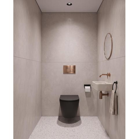 QeramiQ Dely Toiletset - 36.3x51.7cm - Geberit UP720 inbouwreservoir - rimless - diepspoel - zitting - softclose - bedieningsplaat koper - rechthoekige knoppen - mat zwart SW1428450