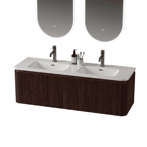 Royal Plaza Terra Edge Ensemble meuble de salle de bains - 140x45.5x46cm - vasque en céramique blanc brillant - 2 vasques - 2 trous de robinet - 2 tiroirs - châtaignier (noyer) SW1471945