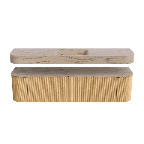 MONDIAZ THOR-DLUX 180cm badmeubel ronding links + rechts kleur Oak met 2 lades en 2 deuren. Vrijhangende wastafel CLOUD Midden 1 kraangat kleur Arena. SW1466104
