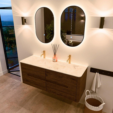 Mondiaz CIRO-DLUX Badkamermeubelset - 130x45x50cm - Solid surface wastafel Ostra - 2 wasbak Dubbel - 2 kraangaten - 4 lades - Dusk SW1532928