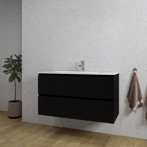 Saniclass Chaci Badkamermeubelset - 100x46x55cm - keramische wastafel wit - 1 wasbak - 1 kraangat - 2 lades - mat zwart SHOWROOMMODEL SHOW26786