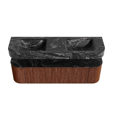 MONDIAZ THOR-DLUX 160cm meuble de salle de bains arrondi gauche + droite couleur Ruby avec 1 tiroir et 2 portes. Vasque suspendue CLOUD Double 2 trous de robinet couleur Lava. SW1465185