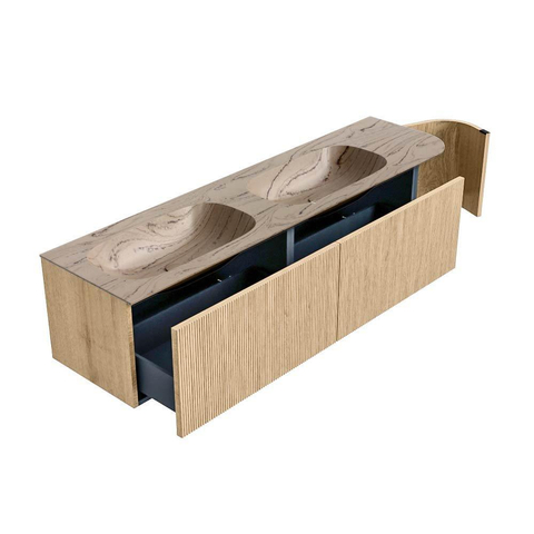 MONDIAZ KURVE-DLUX 175cm badmeubel ronding Rechts kleur Oak met 2 lades en 1 deur. Wastafel STOR SMALL Dubbel / Links 2 kraangaten Arena. SW1431198