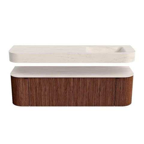 MONDIAZ THOR-DLUX 160cm meuble de salle de bains arrondi gauche + droite couleur Ruby avec 1 tiroir et 2 portes. Vasque suspendue CLOUD Droite sans trou de robinet couleur Meli. SW1465158