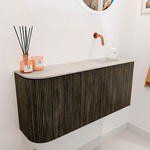 Mondiaz JOYA-DLUX 91.6cm toiletmeubel - ronding links kleur Shadow - Wastafel FAYE positie Rechts Zonder kraangat kleur Ostra. SW1423028