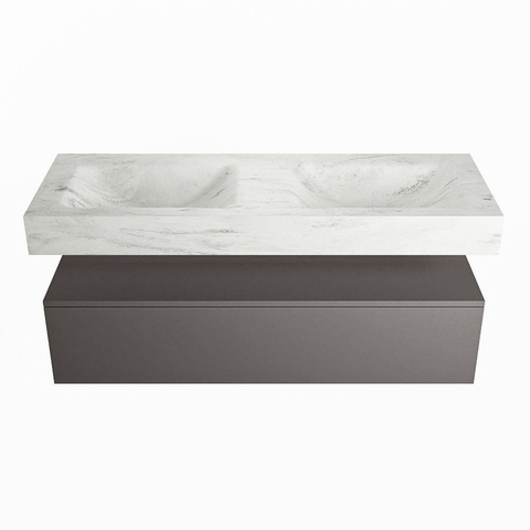 Mondiaz ALAN-DLUX Ensemble de meuble - 130cm - meuble Dark grey mat - 1 tiroir - Lavabo Cloud Opalo suspendu - vasque Gauche et droite - 2 trous de robinet SW806378