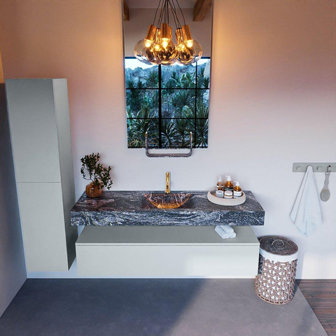 Mondiaz ALAN-DLUX Ensemble de meuble - 150cm - meuble Clay mat - 1 tiroir - Lavabo Cloud Lava suspendu - vasque Centre - 1 trou de robinet SW808551