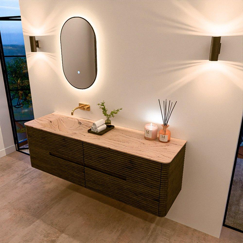 Mondiaz CIRO-DLUX Meuble de salle de bains - 160x45x50cm - Plan-vasque en solid surface Arena - 1 vasque à gauche - sans trous de robinetterie - 4 tiroirs - Shadow SW1532529