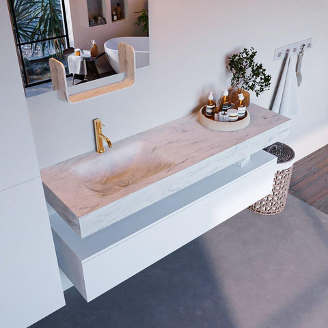 Mondiaz ALAN-DLUX Ensemble de meuble - 150cm - meuble Talc mat - 1 tiroir - Lavabo Cloud Opalo suspendu - vasque Gauche - 1 trou de robinet SW806313