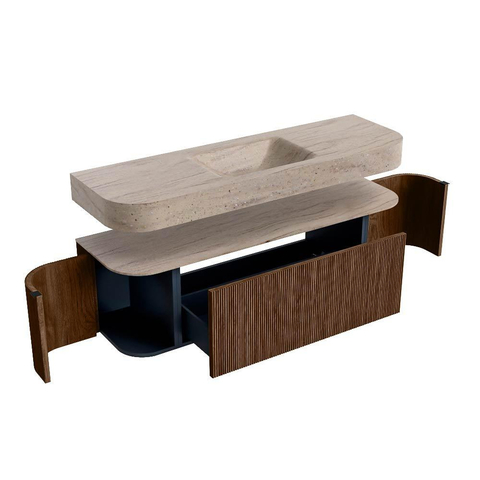 MONDIAZ THOR-DLUX 150cm meuble de salle de bains arrondi gauche + droite couleur Walnut avec 1 tiroir et 2 portes. Vasque suspendue CLOUD Milieu 1 trou de robinet couleur Saba. SW1464866