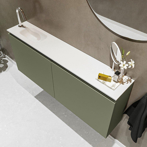 MONDIAZ TURE Toiletmeubel 120x23x50cm met 1 kraangaten 2 deuren army mat Wastafel Eden links Solid Surface Wit SW475023