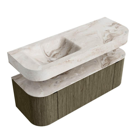 MONDIAZ THOR-DLUX 130cm meuble de salle de bains arrondi gauche + droite couleur Shadow avec 1 tiroir et 2 portes. Vasque suspendue CLOUD Gauche 1 trou de robinet couleur Frappe. SW1463758