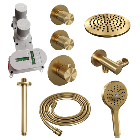 BRAUER Gold Carving Regendoucheset inbouw - hoofddouche 20cm - plafondarm 20cm - 3 carving knoppen - inclusief inbouwdeel - handdouche rond 3 standen - PVD - geborsteld goud SW715541