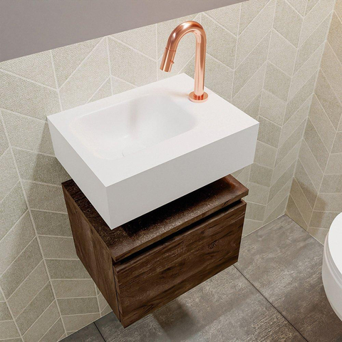 MONDIAZ ANDOR Toiletmeubel 40x30x30cm met 1 kraangaten 1 lades dark brown mat Wastafel Lex links Solid Surface Wit SW474290