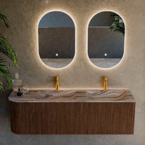 MONDIAZ KURVE-DLUX Meuble de salle de bains 145cm arrondi à gauche couleur Walnut avec 1 tiroir et 1 porte. Lavabo LEAF Double / Droite 2 trous de robinet Sombra. SW1433694