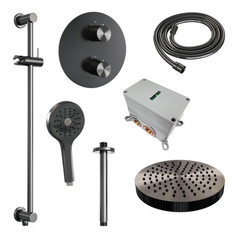 BRAUER Stripe Douche de tête thermostatique encastrée - 3 voies - ronde - SET 48 - pomme de douche 25cm - bras plafond - douchette 3 positions - flexible douche - barre coulissante intégrée - gunmetal brossé PVD SW1435020