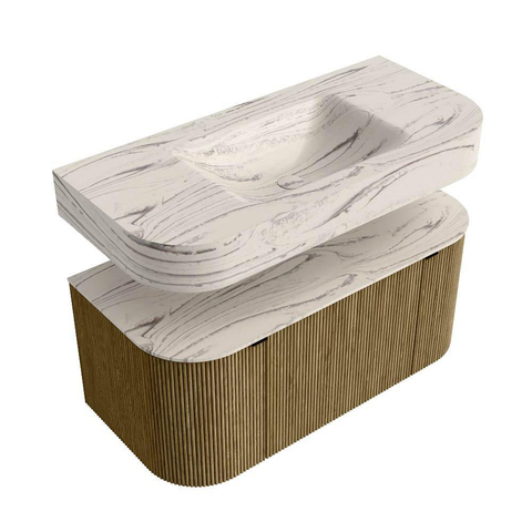 MONDIAZ THOR-DLUX 100cm meuble de salle de bains arrondi gauche + droite couleur Dusk avec 1 tiroir et 2 portes. Vasque suspendue CLOUD Milieu sans trou de robinet couleur Nata. SW1467508