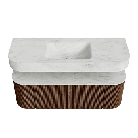 MONDIAZ THOR-DLUX 130cm meuble de salle de bains arrondi gauche + droite couleur Walnut avec 1 tiroir et 2 portes. Vasque suspendue CLOUD Milieu sans trou de robinet couleur Opalo. SW1463620