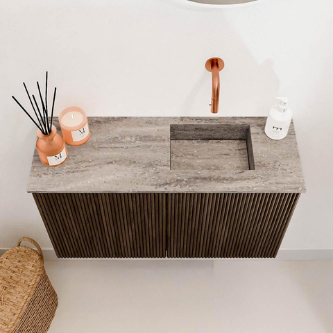 Mondiaz JOYA-DLUX 70cm toiletmeubel - kleur Walnut - Wastafel FAYE positie Rechts Zonder kraangat kleur Oza. SW1424571