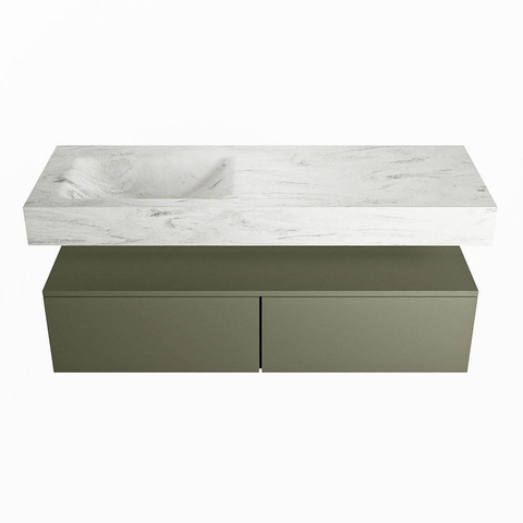 Mondiaz ALAN-DLUX Ensemble de meuble - 130cm - meuble Army mat - 2 tiroirs - Lavabo Cloud Opalo suspendu - vasque Gauche - 0 trous de robinet SW806908
