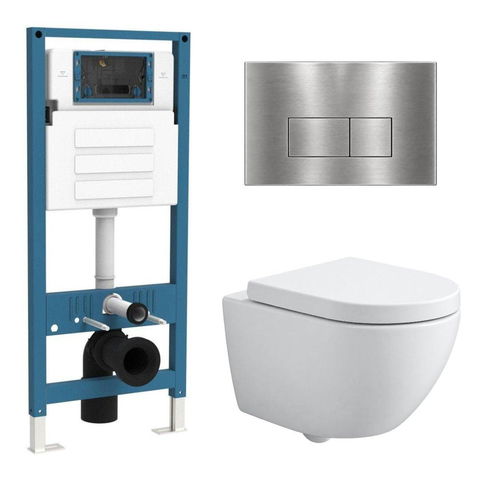 QeramiQ Dely Swirl Compact Toiletset - inbouwreservoir QeramiQ flush - 25mm zitting - metalen bedieningsplaat RVS - rechthoekige knoppen - mat wit SW1590809
