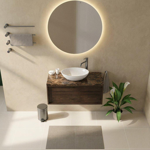 Saniclass Holz Frame Ensemble meuble de salle de bains - 100x45x43cm - Plan de toilette en pierre naturelle Noche dark emperador - 1 trou de robinet - 1 tiroir - chêne charcoal mat (bois) SW1478287
