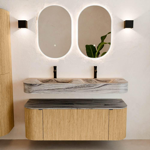 MONDIAZ THOR-DLUX 130cm badmeubel ronding links + rechts kleur Oak met 1 lade en 2 deuren. Vrijhangende wastafel CLOUD Dubbel 2 kraangaten kleur Sombra. SW1464044
