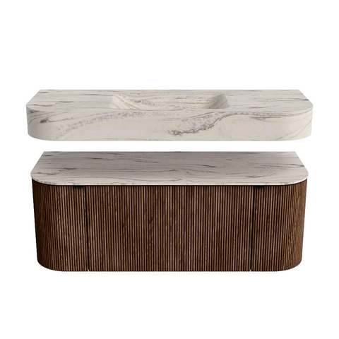 MONDIAZ THOR-DLUX 120cm badmeubel ronding links + rechts kleur Walnut met 1 lade en 2 deuren. Vrijhangende wastafel CLOUD Midden 1 kraangat kleur Nata. SW1463382