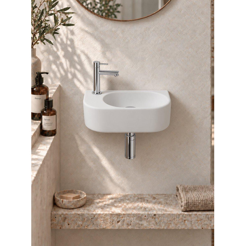 QeramiQ Fuente pack lave-mains – demi-rond – 40 x 21,5 x 12 cm – céramique blanc mat – perçage à gauche – robinet chromé SW1232784