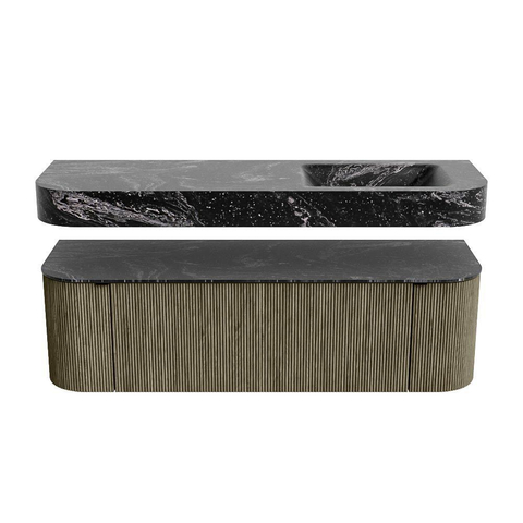 MONDIAZ THOR-DLUX 150cm badmeubel ronding links + rechts kleur Shadow met 1 lade en 2 deuren. Vrijhangende wastafel CLOUD Rechts zonder kraangat kleur Lava. SW1464696
