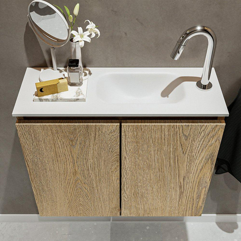 MONDIAZ TURE Kit lave-mains - 60x23x50cm - 1 trou de robinet - 2 portes - chêne blanchi mat - Lavabo à droite - Solid Surface Blanc SW475129