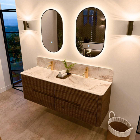 Mondiaz CIRO-DLUX Badkamermeubelset - 150x45x50cm - Solid surface wastafel Frappe - 2 wasbak Dubbel - 2 kraangaten - 4 lades - Dusk SW1532839