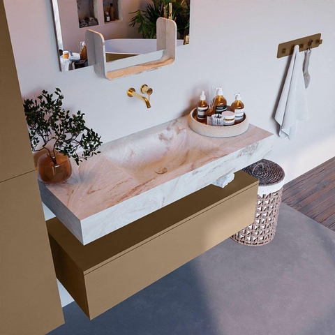 Mondiaz ALAN-DLUX Ensemble de meuble - 110cm - meuble Oro mat - 1 tiroir - Lavabo Cloud Frappe suspendu - vasque Centre - 0 trous de robinet SW805133