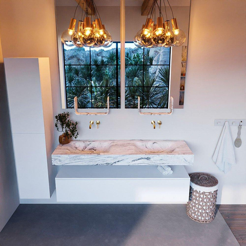 Mondiaz ALAN-DLUX Ensemble de meuble - 150cm - meuble Talc mat - 1 tiroir - Lavabo Cloud Glace suspendu - vasque Gauche et droite - 0 trous de robinet SW805265