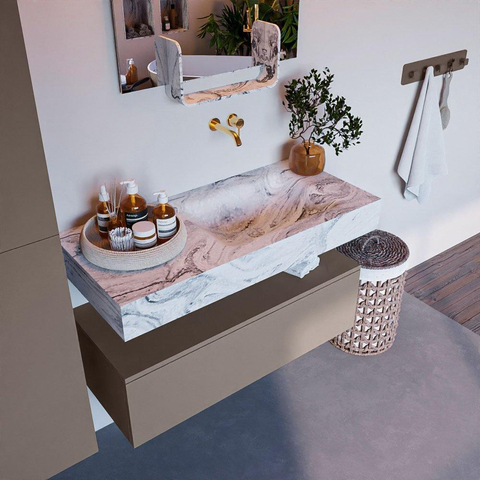 Mondiaz ALAN-DLUX Ensemble de meuble - 100cm - meuble Smoke mat - 1 tiroir - Lavabo Cloud Glace suspendu - vasque Droite - 0 trous de robinet SW805738