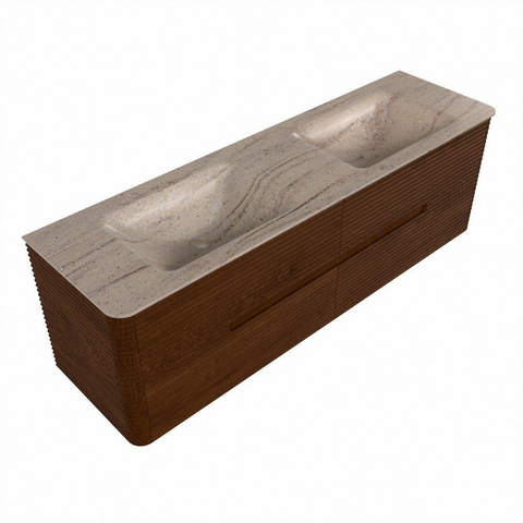 Mondiaz CIRO-DLUX Meuble de salle de bains - 160x45x50cm - plan vasque en solid surface Saba - 2 vasques Double - sans trous de robinetterie - 4 tiroirs - Ruby SW1531937