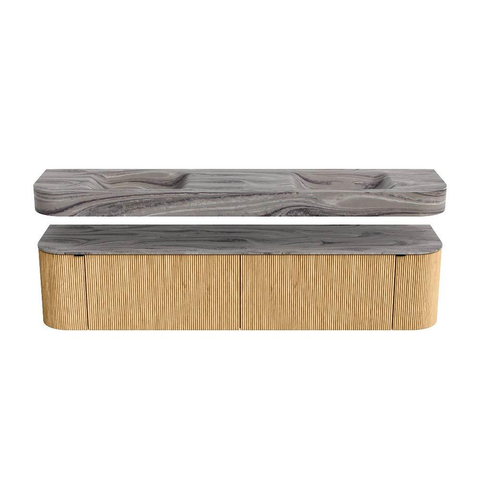MONDIAZ THOR-DLUX 200cm badmeubel ronding links + rechts kleur Oak met 2 lades en 2 deuren. Vrijhangende wastafel CLOUD Dubbel zonder kraangat kleur Sombra. SW1467251