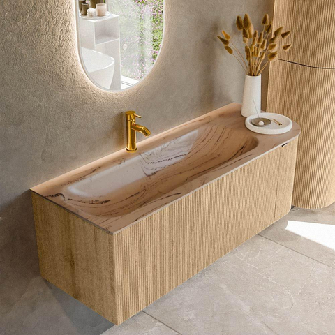 MONDIAZ KURVE-DLUX 125cm badmeubel ronding Rechts kleur Oak met 1 lade en 1 deur. Wastafel BIG MEDIUM Links 1 kraangat Arena. SW1431104