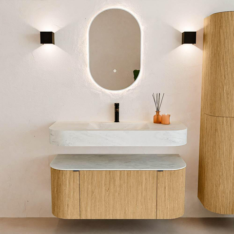 MONDIAZ THOR-DLUX Meuble de salle de bains 110cm arrondi gauche + droite couleur Oak avec 1 tiroir et 2 portes. Vasque suspendue CLOUD Milieu 1 trou de robinet couleur Opalo. SW1462741