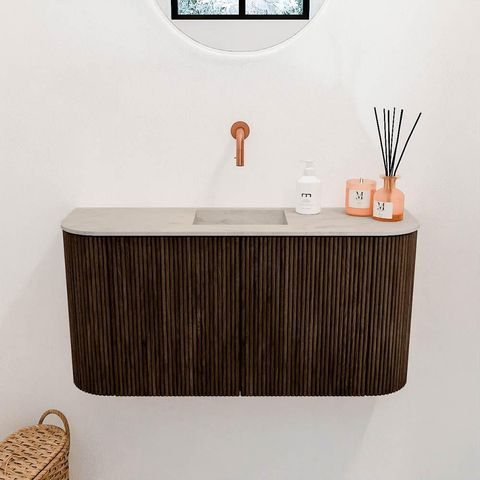 Mondiaz JOYA-DLUX 83.2cm meuble de salle de bains WC - arrondis gauche et droite couleur Noyer - Vasque FAYE position Milieu Sans trou de robinet couleur Opalo. SW1422565