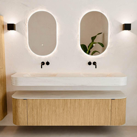 MONDIAZ THOR-DLUX Meuble de salle de bains 170cm arrondi gauche + droite couleur Oak avec 1 tiroir et 2 portes. Vasque suspendue CLOUD Double sans trou de robinet couleur Meli. SW1465824