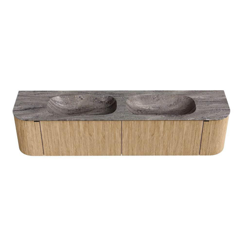MONDIAZ KURVE-DLUX 190cm badmeubel ronding Links + Rechts kleur Oak met 2 lades en 2 deuren. Wastafel STOR SMALL Dubbel 2 kraangaten Oza. SW1432697