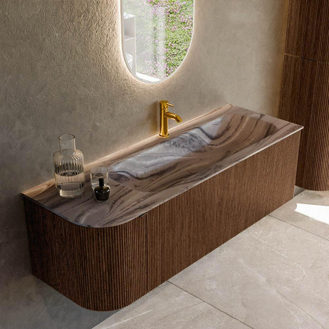 MONDIAZ KURVE-DLUX 135cm badmeubel ronding Links kleur Walnut met 1 lade en 1 deur. Wastafel BIG MEDIUM Rechts 1 kraangat Sombra. SW1433671